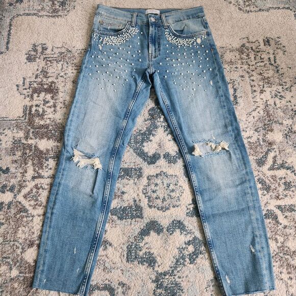 Zara Faux Pearl Embellished Skinny Jeans Size 4 Low Rise Ribbon Distressed Crop - Picture 1 of 13